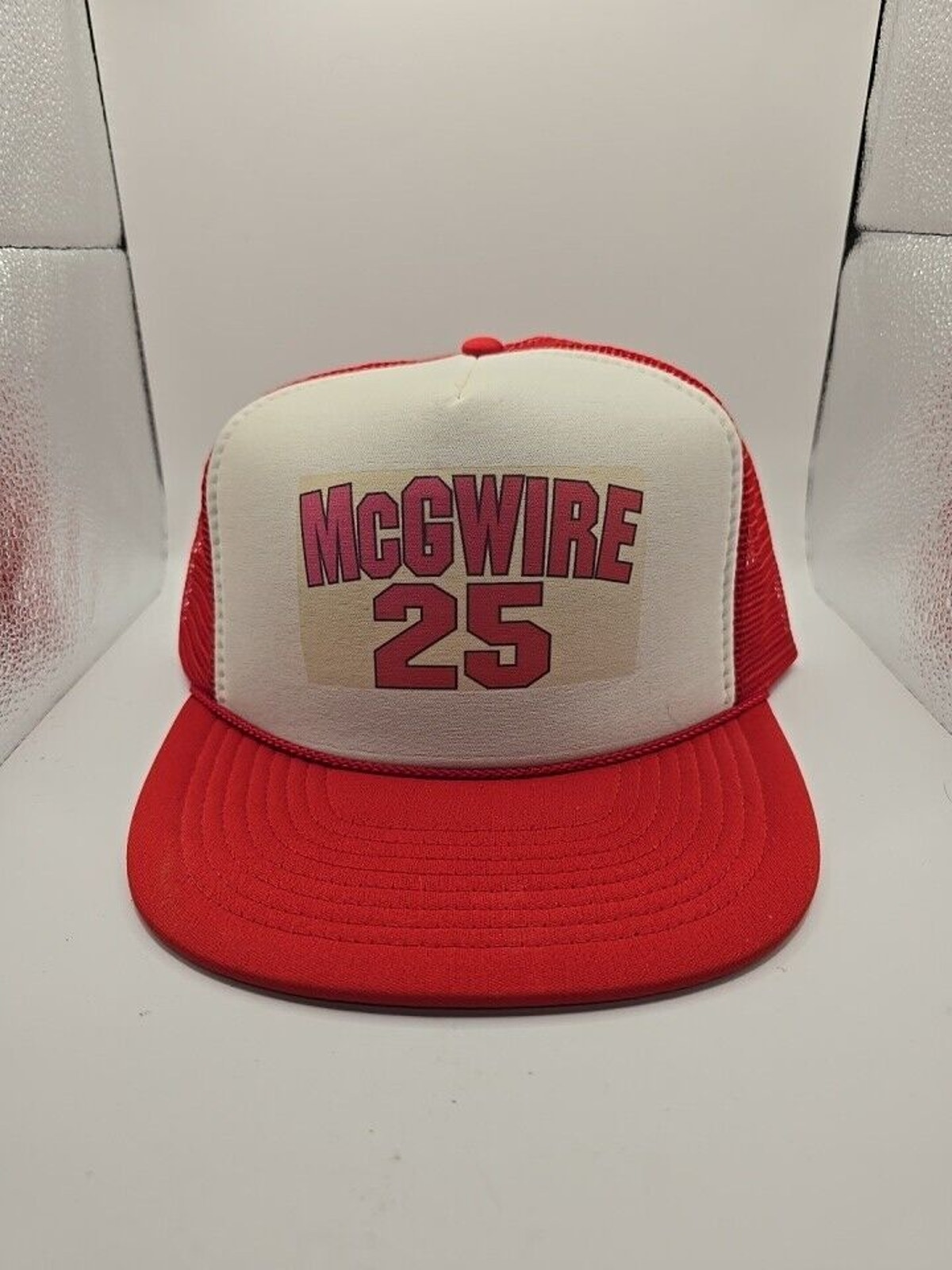 Vintage Mark Mcgwire 25 Nissin Red And White Snapback Trucker Hat